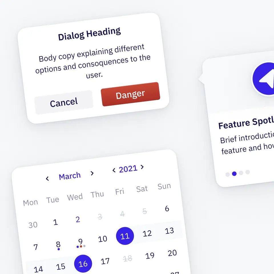 Components from the design system: a confirmation dialog, a date picker and a feature spotlight card.