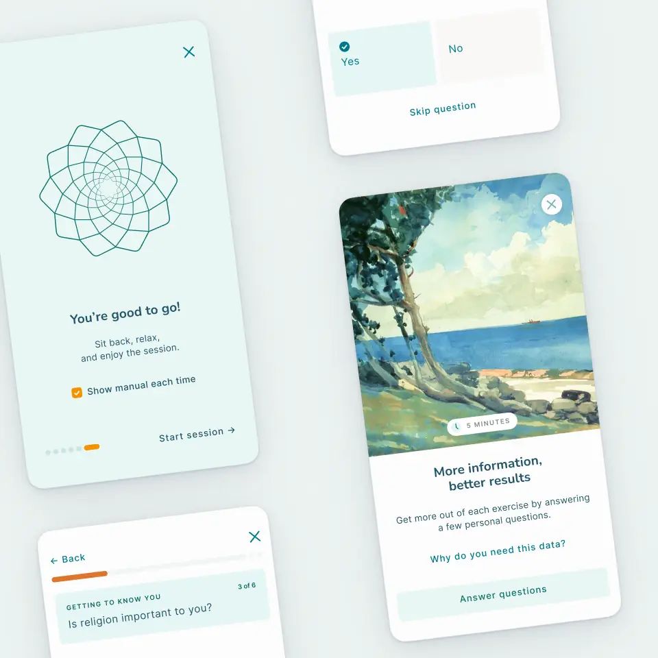 Screens from the mobile app: a session start screen, a survey question and an information card with a landscape painting.